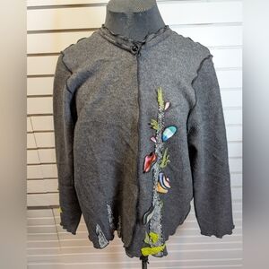 Lee Andersen One Button Fleece Cardigan with Holiday Trees Wearable Art Size L